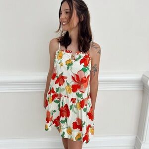 Pink Lily White Mini Dress with Red & Yellow Floral Print